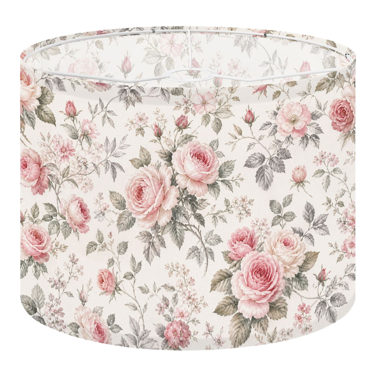 Linen Drum Lampshades Vintage Floral Pink Green Leaves Cream 13