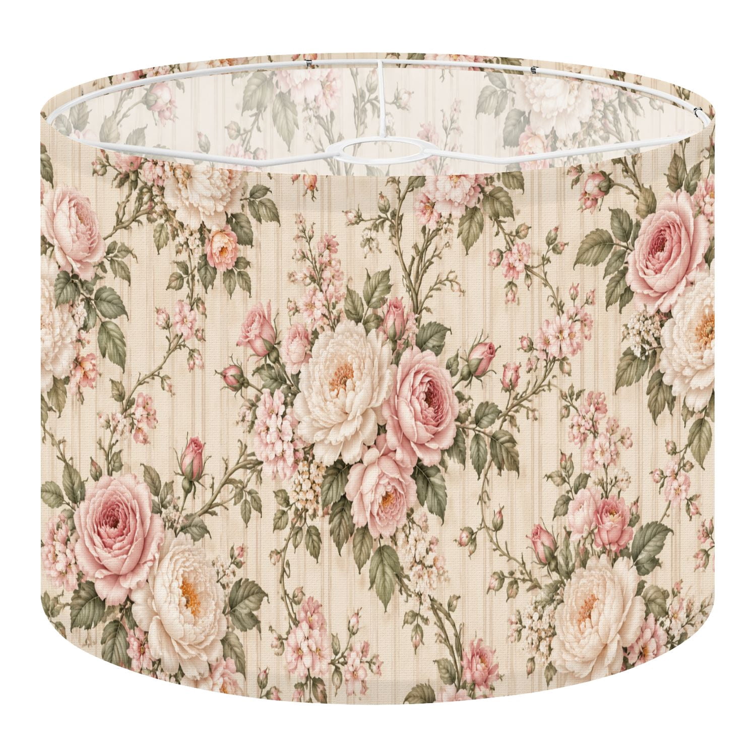 Shade Cloth For Roses Linen Drum Lampshades Vintage Floral Pink Roses Green Leaves 13
