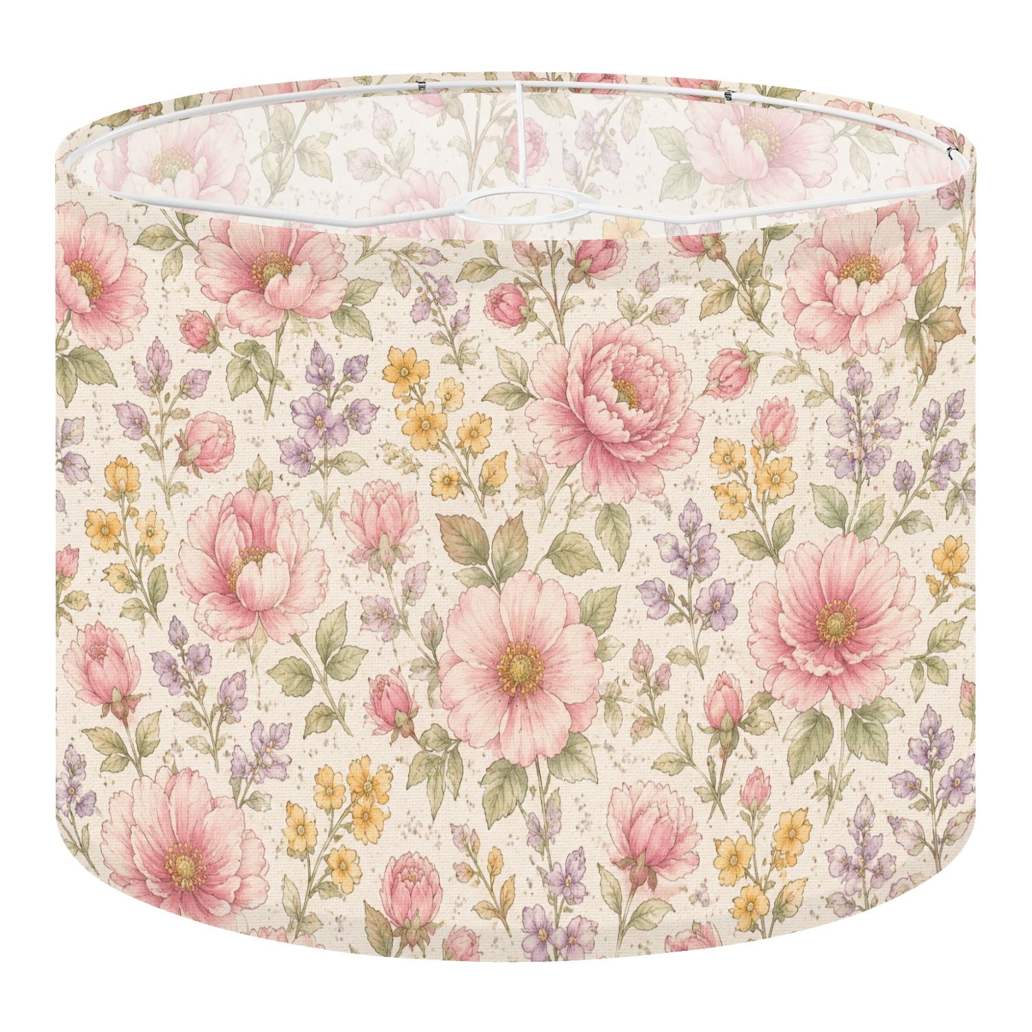 Linen Drum Lampshades Vintage Floral Pink Yellow Purple Flowers Beige ...