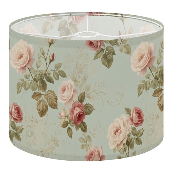 Linen Drum Lampshades Vintage Pink Rose Floral Green Leaves Pastel Spring Decor 13"x13"x10" Light Shade for Table Lamps Floor Lamp Shades Lampshade Replacement Assembly Required