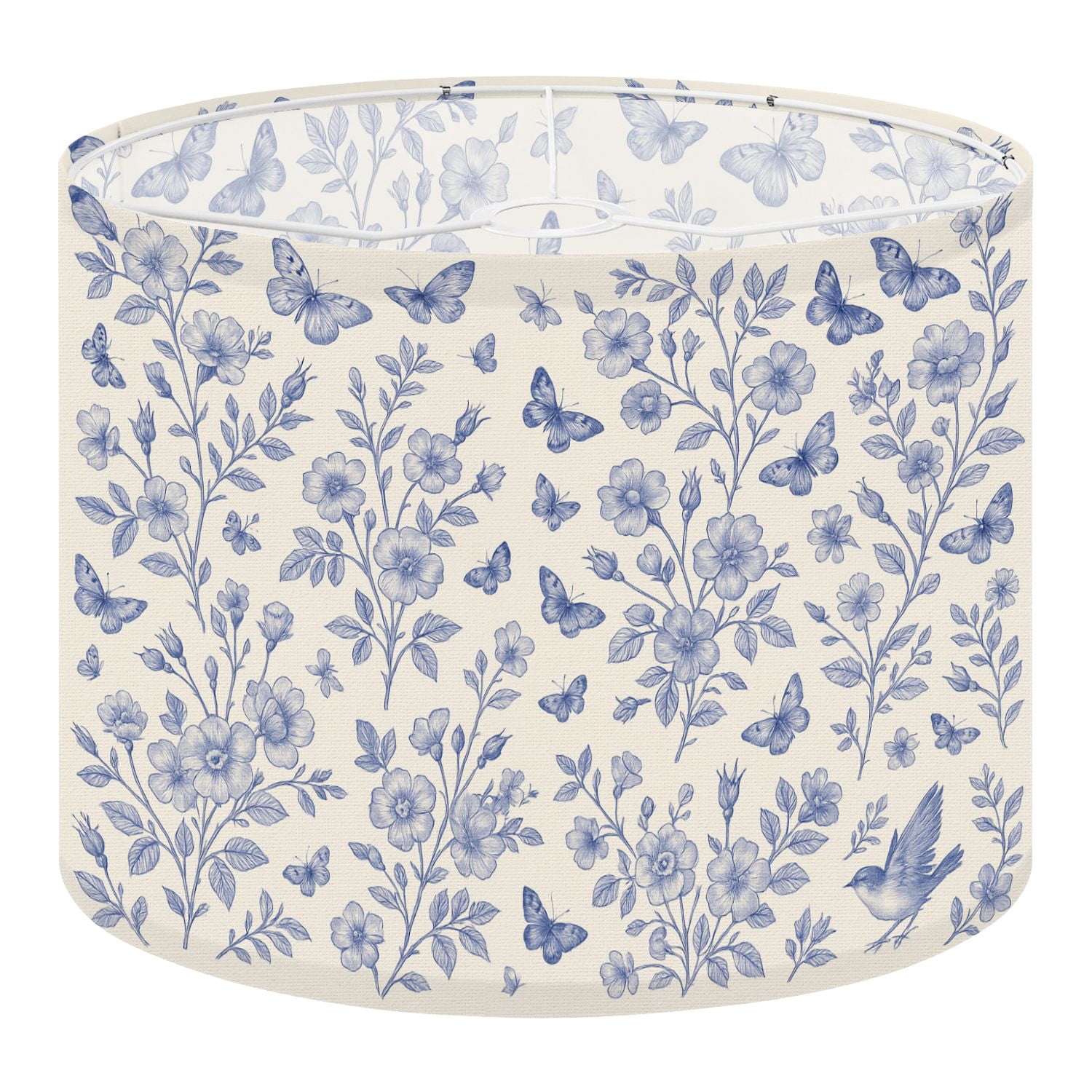 Linen Drum Lampshades Vintage floral Seamless Wild Roses butterflies Blue white 13"x13"x10" Light Shade for Table Lamps Floor Lamps Drum Lamp Shades Lampshade Replacement Assembly Required