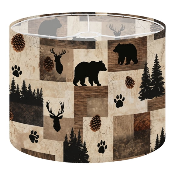 Linen Drum Lampshades Woodland Bear Patchwork Deer Pine Trees Rustic Earth Tones 13"x13"x10" Light Shade for Table Lamps Floor Lamps Drum Lamp Shades Lampshade Replacement Assembly Required