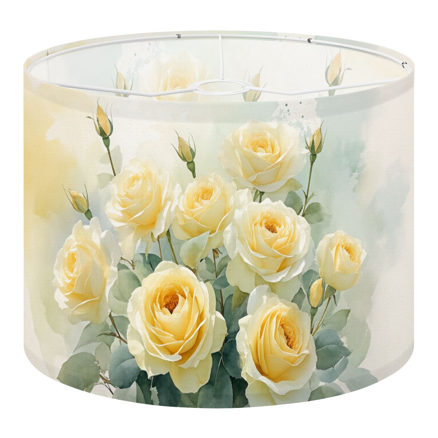 Linen Drum Lampshades Yellow Roses Soft Watercolor Painting Green Leaves Buds 13"x13"x10" Light Shade for Table Lamps Floor Lamp Shades Lampshade Replacement Assembly Required