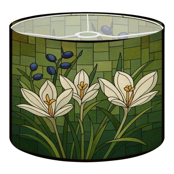 Linen Drum Lampshades angular mosaic blooming white crocuses leaf stained glass window 13"x13"x10" Light Shade for Table Lamps Floor Lamps Drum Lamp Shades Lampshade Replacement Assembly Required