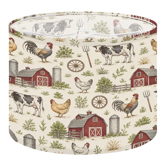 Linen Drum Lampshades farm elements animals house tractor mill Vintage sketches 13"x13"x10" Light Shade for Table Lamps Floor Lamp Shades Lampshade Replacement Assembly Required