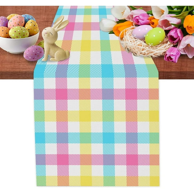 Linen Easter Blue Pink Yellow Buffalo Check Plaid Table Runner 72 Inches Long Spring Summer Holiday Farmhouse Table Decor for Dining Room Kitchen Home Party
