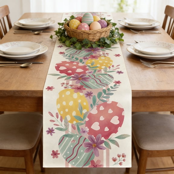 Linen Easter Table Runner, Bunny and Egg Print Spring Decoration for Dining Table, Holiday Home Decor, and Festive Party Setting(E)