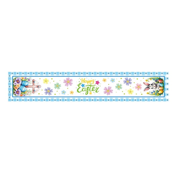 Linen Easter Table Runner with Rabbit & Colorful Egg Print, 13 x 70 Inch Modern Farmhouse Spring Decor, Primitive Burlap Table Cover for Dining Room, Coffee Table & Holiday Parties