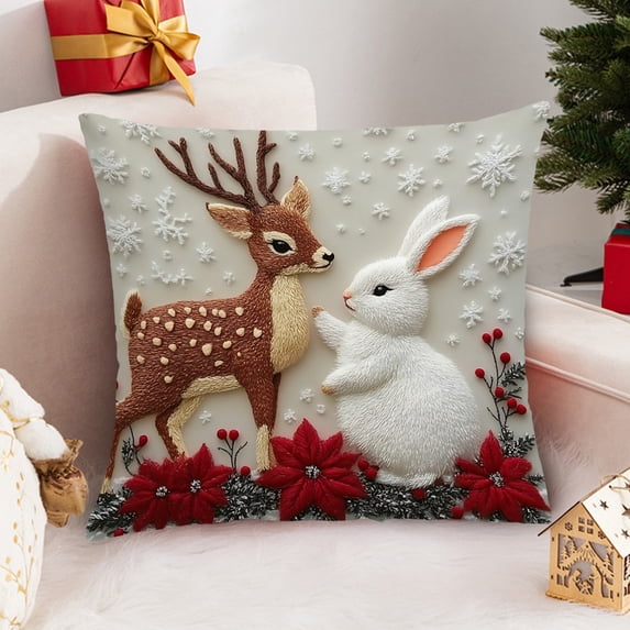 Linen Elk and Rabbit Designs Christmas Pillow Cover with Festive Print for Sofa Bed Living Room Holiday Decorative Accent(1pc)