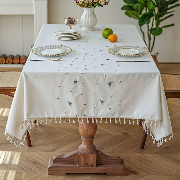 Linen Embroidered Tablecloth  Vintage Daisy Design with Tassels, Boho & Modern Rectangular Tablecloth for Dining, Coffee, Round, or Picnic Tables, Home or Commercial Use, 150*220cm