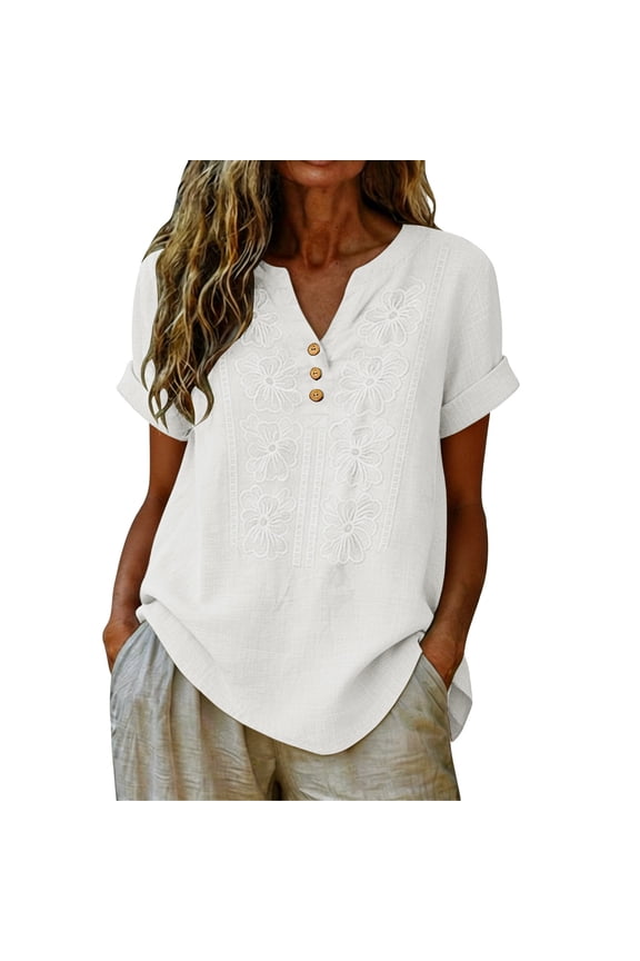 Linen Embroidered Tops For Women,Women's Linen Shirt Lightweight Breathable Shirts Pullover Shirts Embroidery Shirts For Women Spring 2026 Gauze Tops Bohemian Tops For Women Gauze Cotton Blouse M