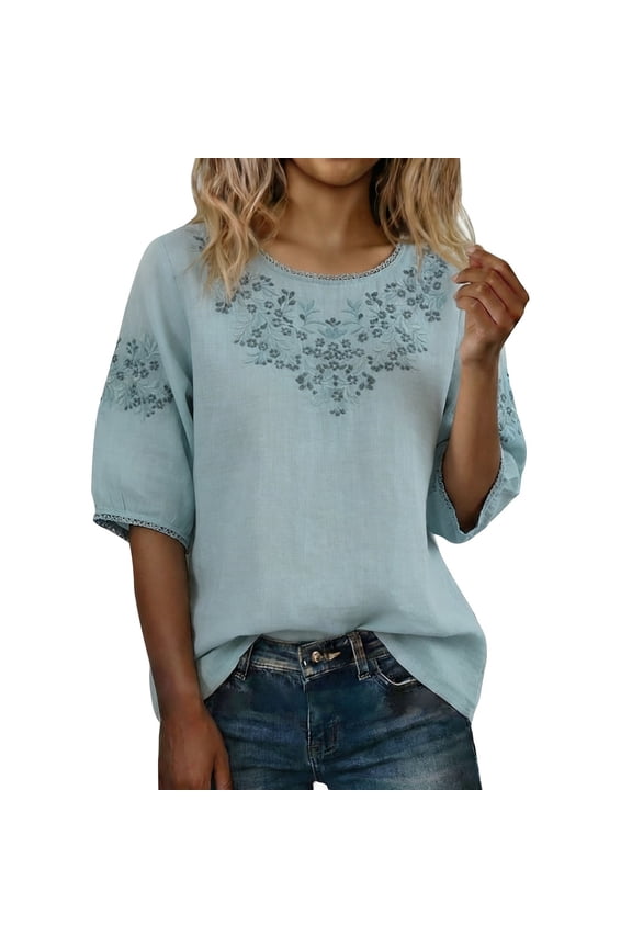 Linen Embroidered Tops For Women,Womens Boho Tops Gauze Blouses For Women Embroidered Tunic Pullover Shirts Linen Tunic Tops Bohemian Peasant Shirts Gauze Cotton Blouse Floral Embroidered Top