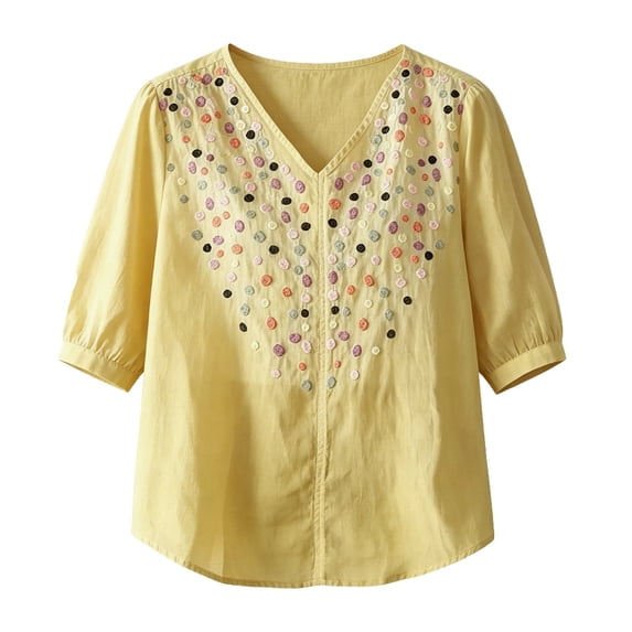 Linen Embroidered Tops For Women,Womens Boho Tops Linen 3/4 Sleeve Tops Pullover Shirts Womens Boho Tops And Blouses Flowy Bohemian Tunics For Women Linen Tunics For Women Women's Peasant Tops