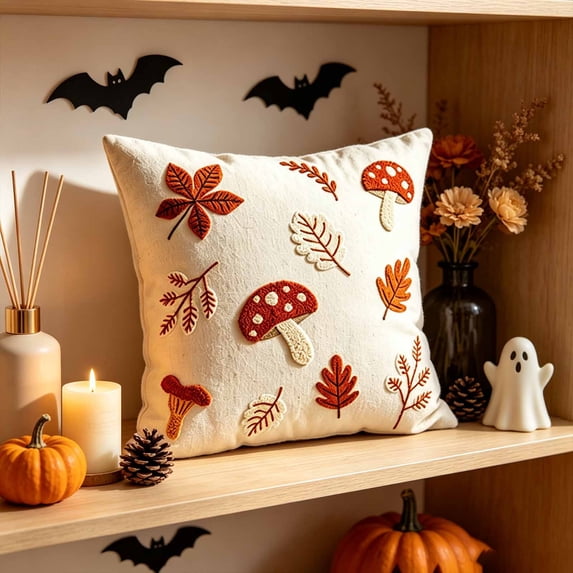 Linen Embroidery Throw Pillow Cover Red Spotted Leaf Decorative Cushion Case Fall Pillowcase for Sofa Couch 18x18 by OVFUIZ