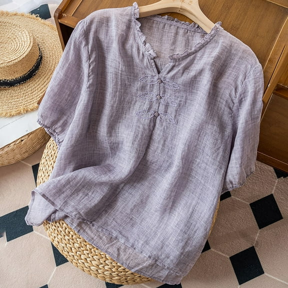 Linen Embroidery V Neck Short Sleeved T Shirt Female Summer Thin Wood Ear Large Size Loose Air Shirt Womens plus Size Tops Dressy Casual Women's Summer Shirts Woman Pin under Tops 4x plus Size Clothes