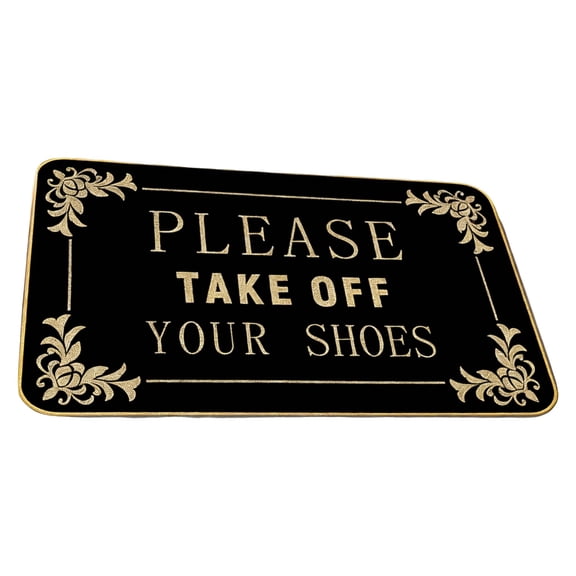 Linen Entrance Door Mat with "Please Take Your Shoes Off" Phrase, 16.9 x 28.7 in / 43 x 73 cm Black Linen Rug, Non-Slip Backing, Decorative Front Door Mat for Entryway, Mud Room, Hallway