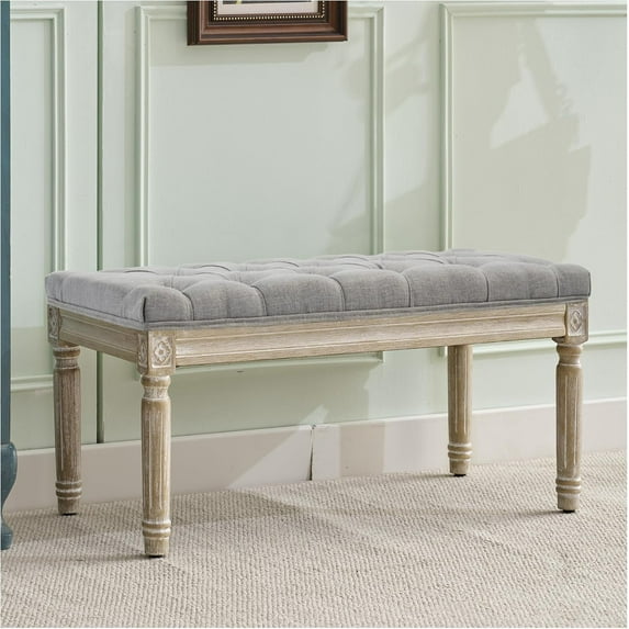 Linen Entryway Bench, Upholstered Button End of Bed Bench, Vintage Bench with Carving Pattern Wood Legs, Vanity Foot-Stool, Light Grey
