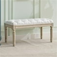 thumbnail image 1 of Linen Entryway Bench, Upholstered Button End of Bed Bench, Vintage Bench with Carving Pattern Wood Legs, Vanity Foot-Stool, White, 1 of 7