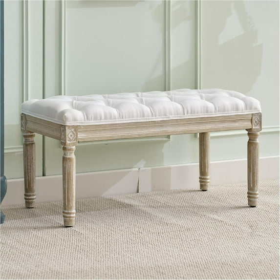 Linen Entryway Bench, Upholstered Button End of Bed Bench, Vintage Bench with Carving Pattern Wood Legs, Vanity Foot-Stool, White