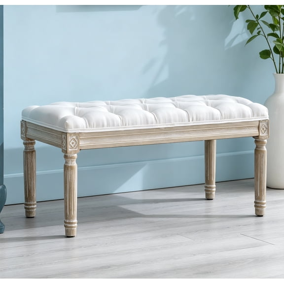 Linen Entryway Bench, Upholstered Button End of Bed Bench, Vintage Bench with Carving Pattern Wood Legs, Vanity Footstool, White