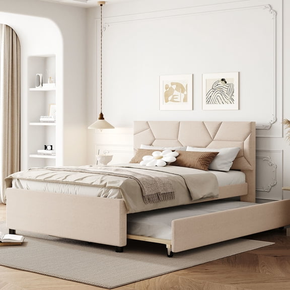 Linen Fabric Bed - Brick Detailing & Stable Support Structure - Bedroom Furnish - Stylish Bed