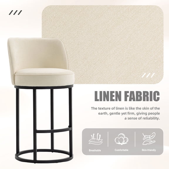 Linen Fabric Counter Height Bar Stools Set of 2, Modern Barrel Accent Stools with Backrest for Kitchen Island, Beige