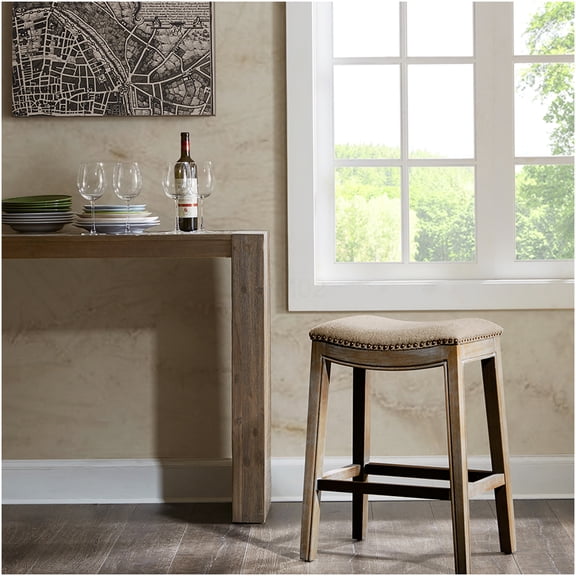 Linen Fabric Counter Stool with Nailhead Trim, Backless Saddle Stool for Kitchen Island, 27.36" Height, 300lb Capacity