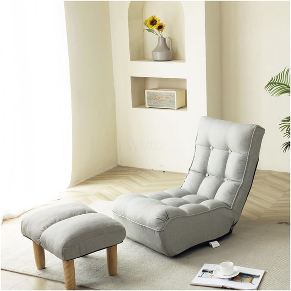 Linen Fabric Floor Sofa Chair, 4-Position Adjustable Recliner, Foldable Lounge Chair for Living Room, Bedroom, Balcony, Cement Gray