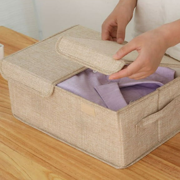 Linen Fabric Foldable Storage Bin, Organizer Basket with Flip-Top Lid & Handles, Large Capacity for Toys Clothes Blankets, Stackable, for Nursery Playroom Home Office Closet