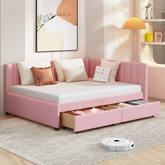 Linen Fabric Full Size Upholstered Bed Frame with 2 Storage Drawers Sofa Bed, Platform Bed Frame, Mid Century Bedframe, Wood Daybed, Wood Foundation(Pink, Full)