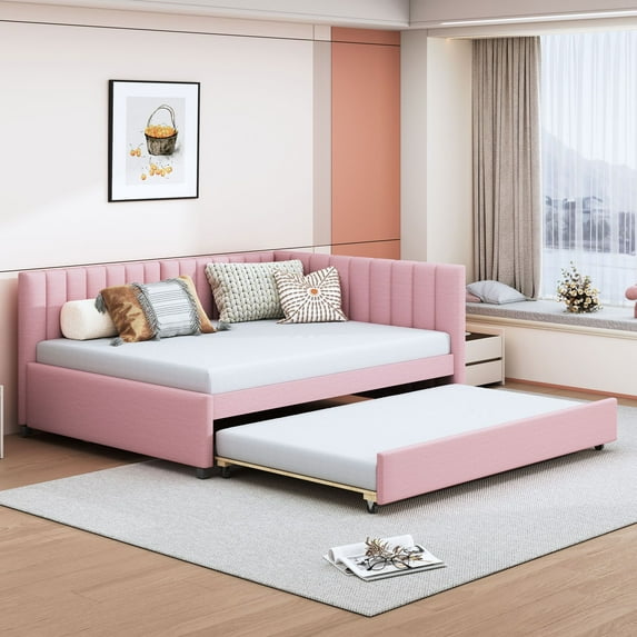 Linen Fabric Full Size Upholstered Bed Frame with Trundle Sofa Bed, Platform Bed Frame, Mid Century Bedframe, Wood Daybed, Wood Foundation(Pink, Full)
