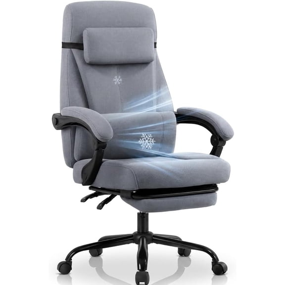 Linen Fabric Gaming Chair with Footrest, Ergonomic Computer Chair with Headrest and Lumbar Support, Height Adjustable 360 Swivel Reclining Chair with Backrest 90 -120 -155 (Grey)