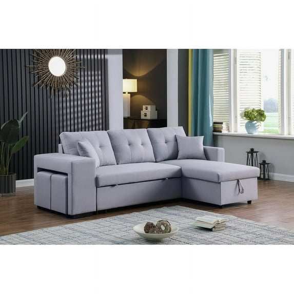 Linen Fabric L-shaped Reversible Sectional Sleeper Sectional with Storage Chaise and 2 Stools & Pull Out Sleeper Bed.