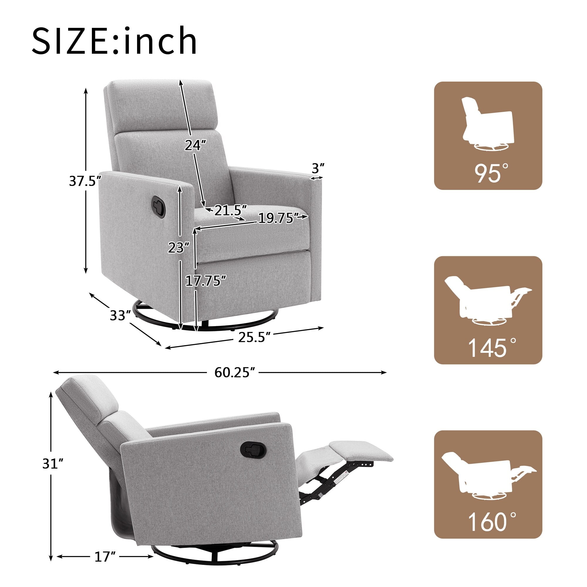 Linen Fabric Nursery Chair Swivel Sofa Glider Recliner Chair for