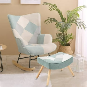 Linen Fabric Rocking Chair with Ottoman, Patchwork Upholstered Rocking Armchair for Nursery, Mid Century Rocker Accent Chair with Footrest for Living Room/Bedroom/Balcony, White+Blue