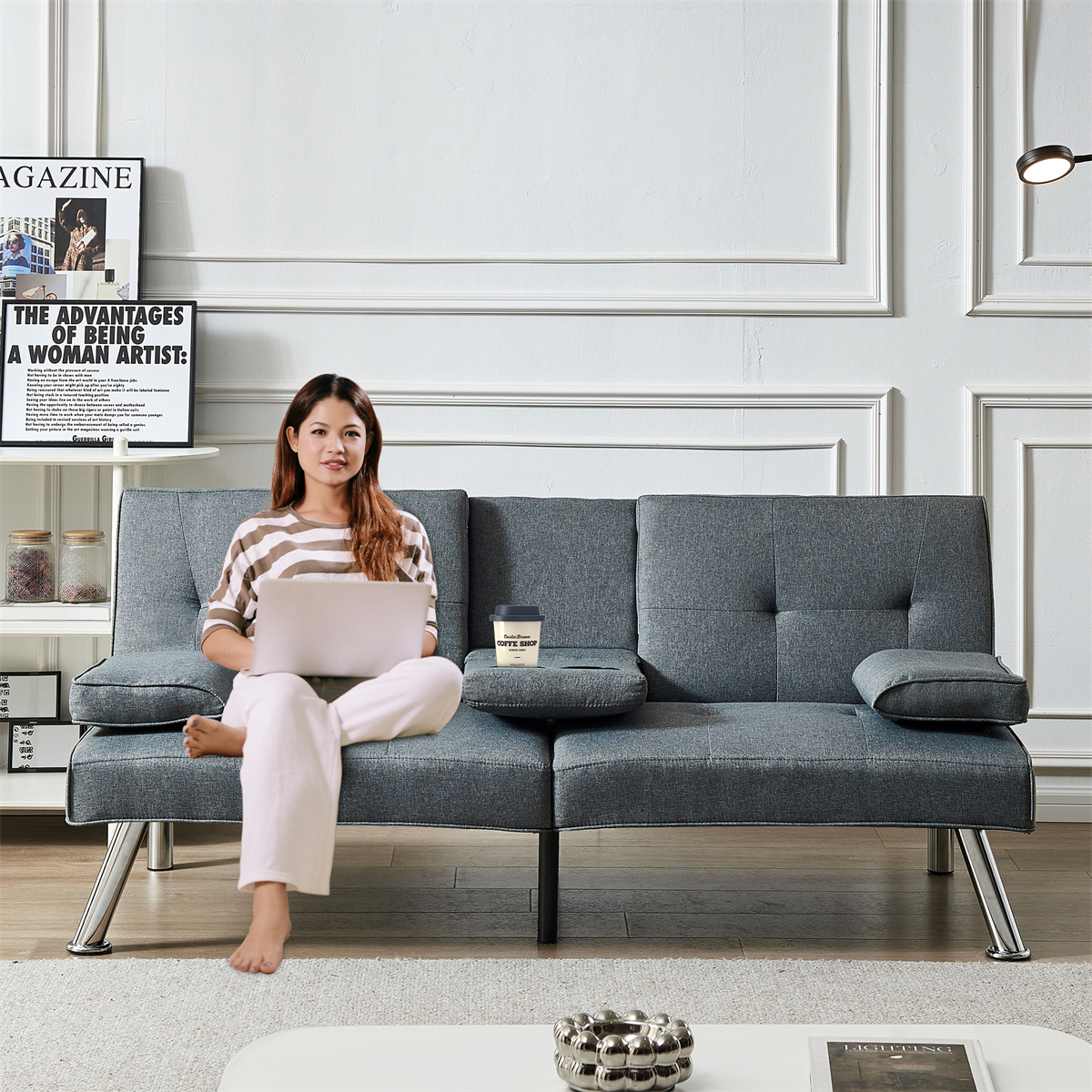 Linen Fabric Sofa Bed Futon Couch Bed Folding Recliner Sleeper