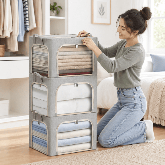 Linen Fabric Stackable Closet Storage Bins with 3-Side Zippers and Clear Windows, 3 Pack