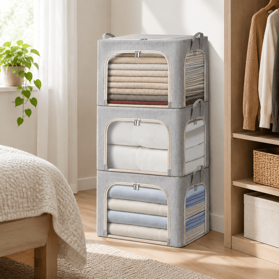 Linen Fabric Stackable Closet Storage Bins with 3-Side Zippers and Clear Windows, 3 Pack