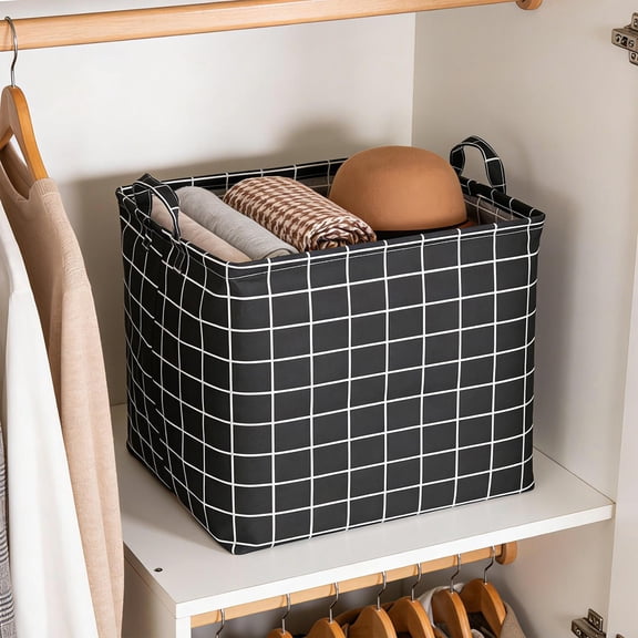 Linen Fabric Storage Basket Cube Bin with Handles - Foldable Nursery Organizer Box for Bedroom, Closet, Shelf, Home Décor - 12.6 Inch Square