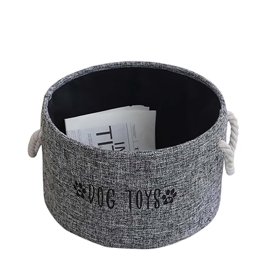 Linen Fabric Storage Basket with Handles Print Waterproof Liner Pet Toy Storage Large Round Multifunctional Organizer for Pet Toys Blankets Home Clothes Supplies,Dark Gray