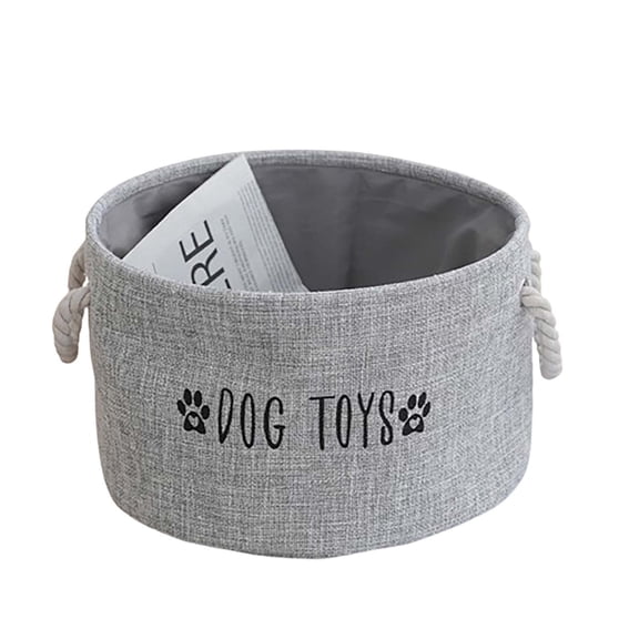 Linen Fabric Storage Basket with Handles Print Waterproof Liner Pet Toy Storage Large Round Multifunctional Organizer for Pet Toys Blankets Home Clothes Supplies,Gray