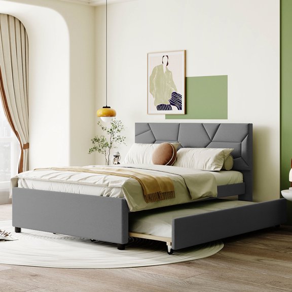 Linen Fabric Upholstered Bed | Brick Pattern Design & Space-Saving | Bedroom Setup