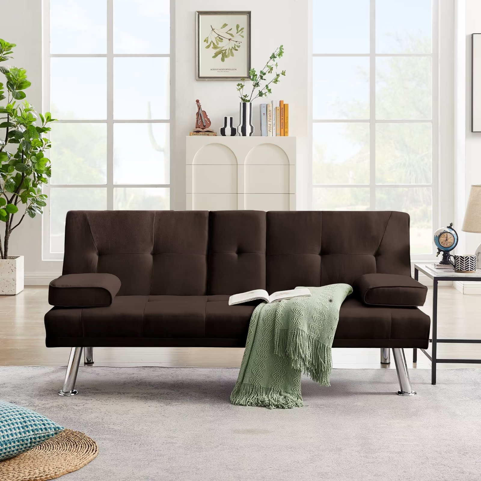 Linen Fabric Upholstered Convertible Folding Sofa Bed, Modern Futon ...
