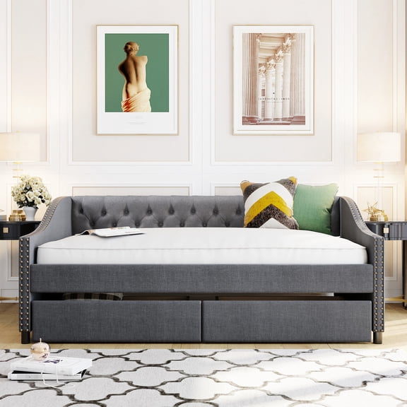Linen Fabric Upholstered, Two Armrests with Rivets | Perfect for Bedroom, Enhances Aesthetics
