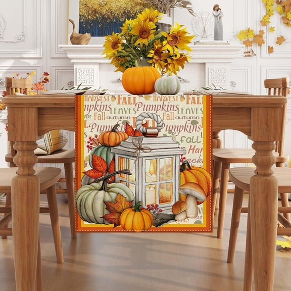 Linen Fall Table Runner 71 Inches Long Farmhouse Fall Leaves Pumpkin Table Decor Fall Autumn Thanksgiving Home Kitchen Dining Room Table Decorations