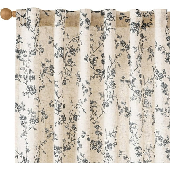 Linen Farmhouse Curtains Black Floral Curtains 63 Inch Length Back Tab Drapes for Living Room Bedroom Light Filtering Country Vintage Rod Pocket Curtain, 2 Panels, Black on Beige