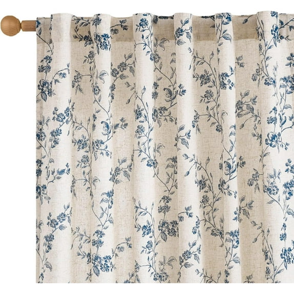 Linen Farmhouse Curtains Blue Floral Curtains 63 Inch Length Back Tab Drapes for Living Room Bedroom Light Filtering Country Vintage Rod Pocket Curtain, 2 Panels, Blue on Beige