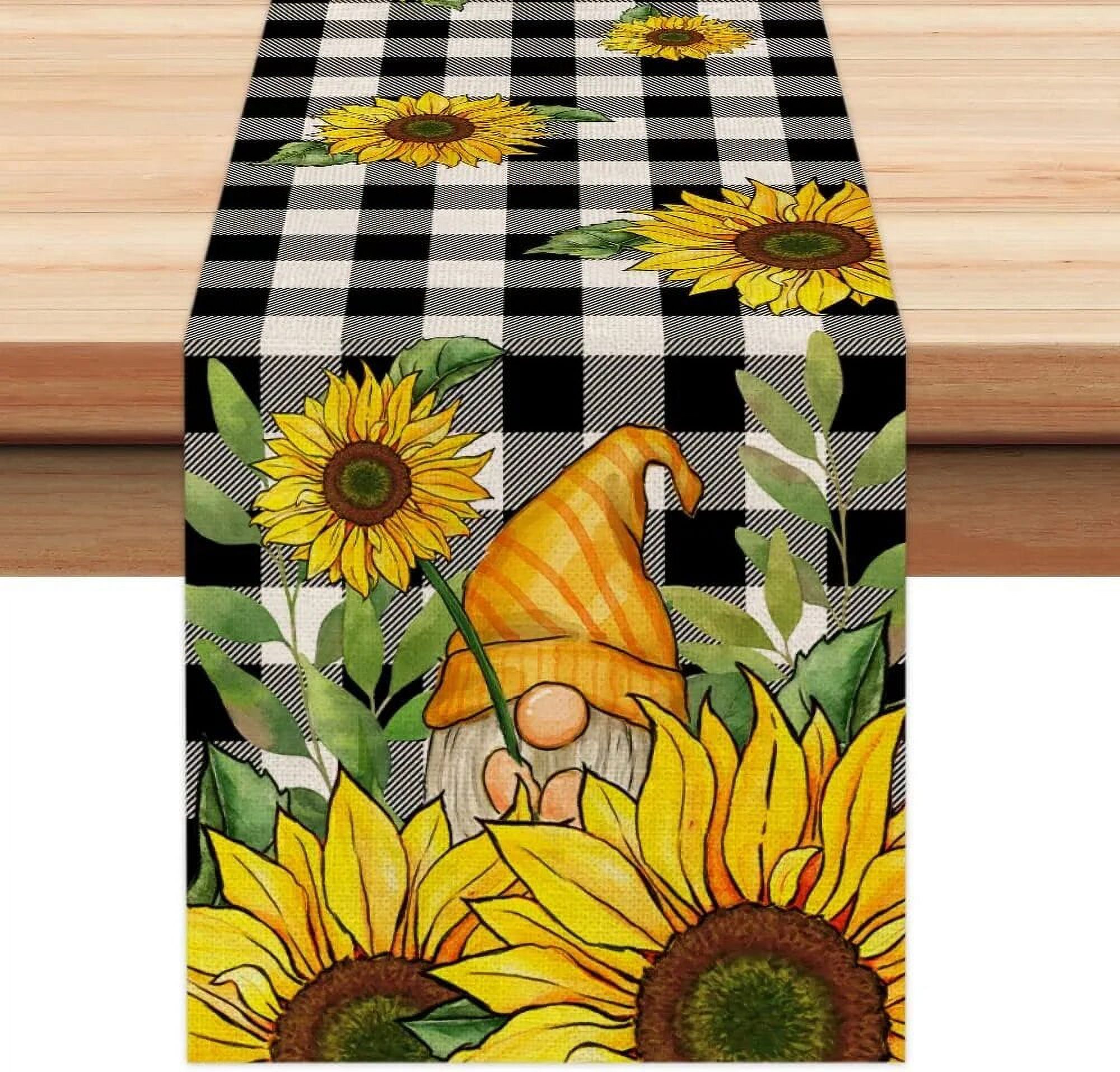 Linen Farrow Plaid Sunflower Gnome Table Runner Holiday Coffee Table