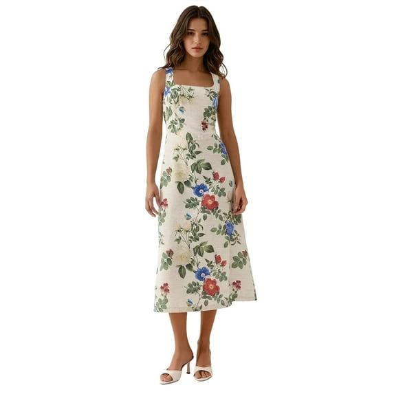Linen Feel Allower Floral Print Maxi Dress with Back Elastic Detail