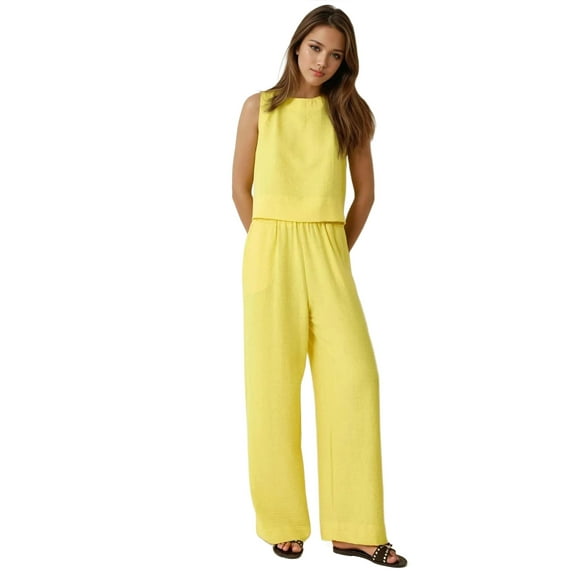 Linen Feel Blouse & Elastic Waist Pants Two-Piece Coord Set